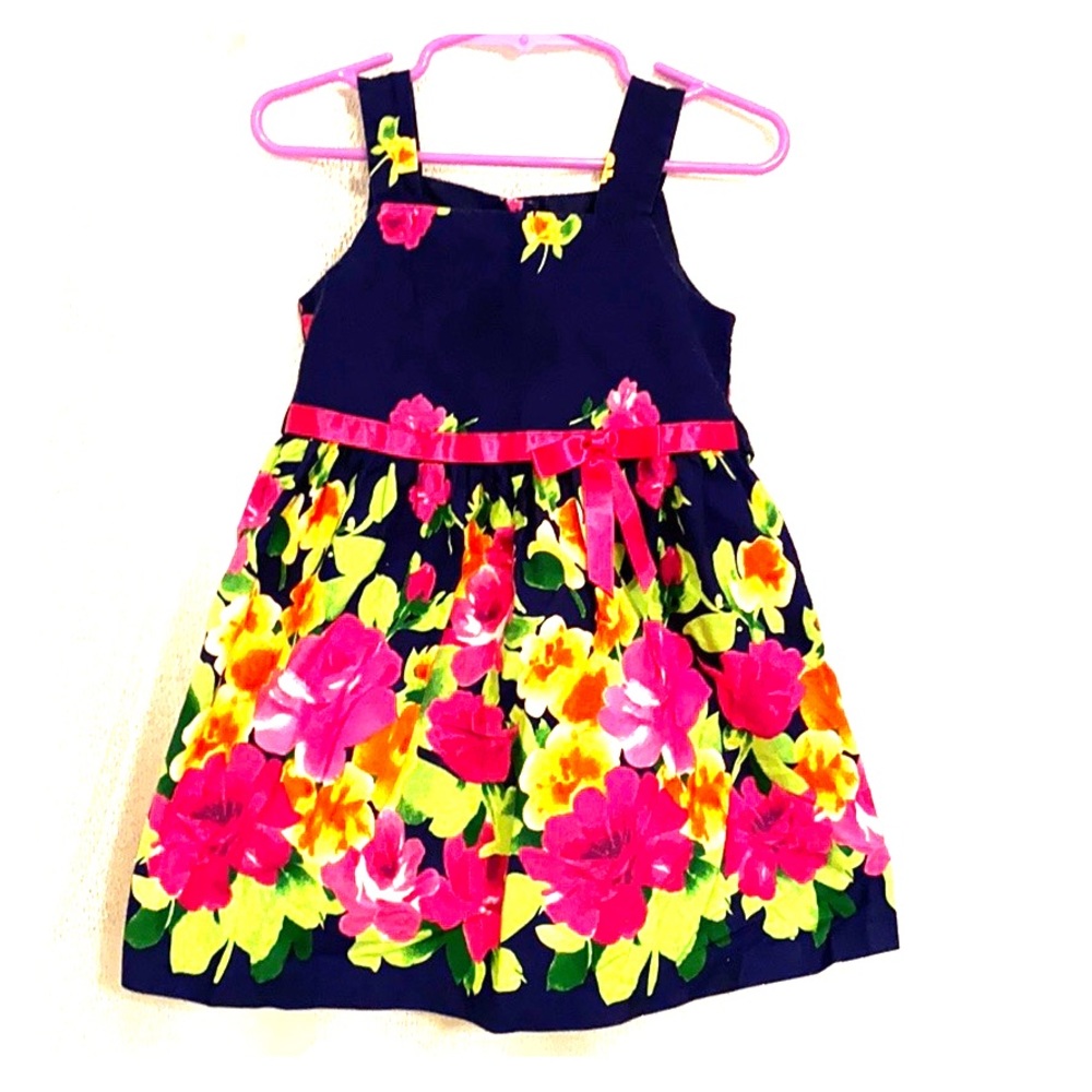 Navy blue and bright floral dress with satin bow